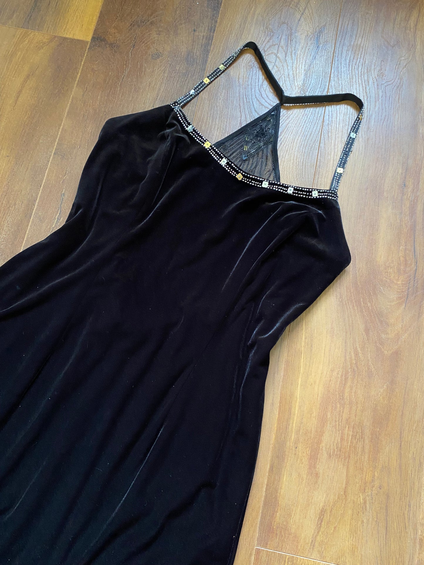 Black velvet beaded 90s evening dress uk 14