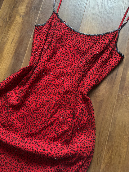 Red 100% silk beaded evening dress uk 12