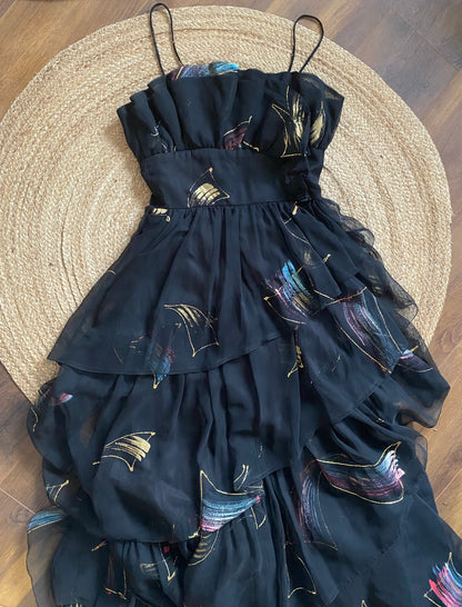 John Charles vintage black layered evening gown UK 12