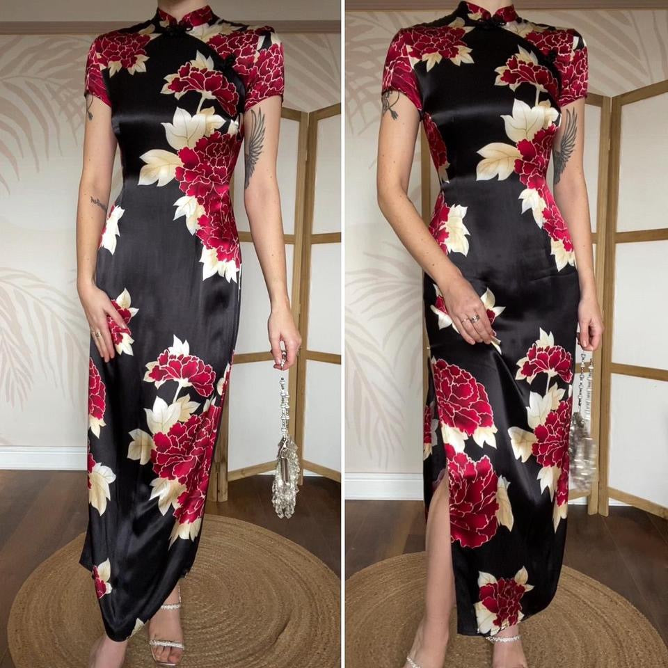 Charlotte Halton silky black floral dress UK 12