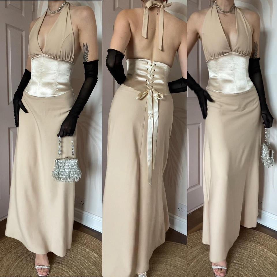 Designer Dawn Stretton 90s cream halter neck dress UK 10