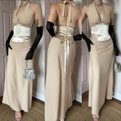 Designer Dawn Stretton 90s cream halter neck dress UK 10