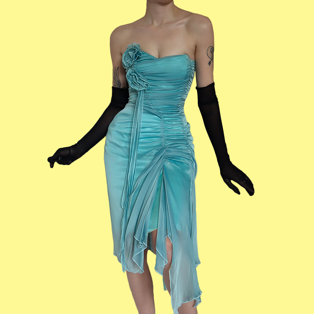 Blue strapless lace up evening midi dress UK 8-10