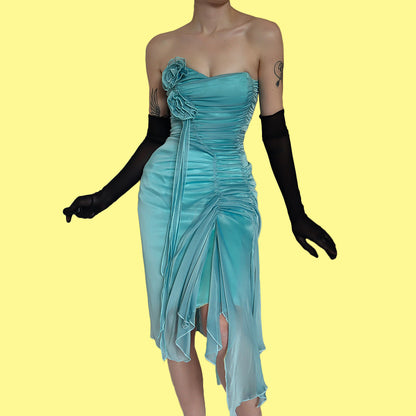 Blue strapless lace up evening midi dress UK 8-10