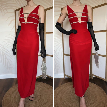 Red Dusk low cut diamanté evening dress uk 12
