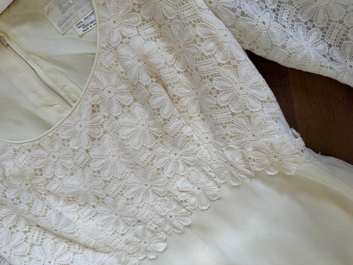70s long sleeve floral lace wedding dress uk 8-10