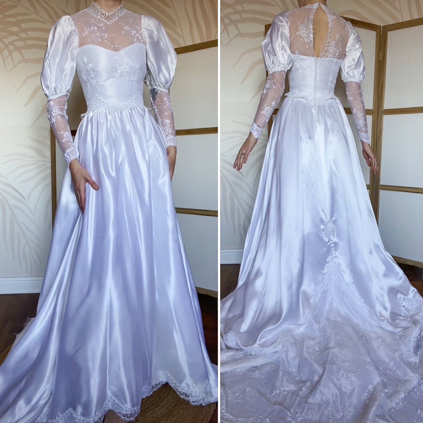 White satin & lace 80s wedding dress UK 6-8/XS