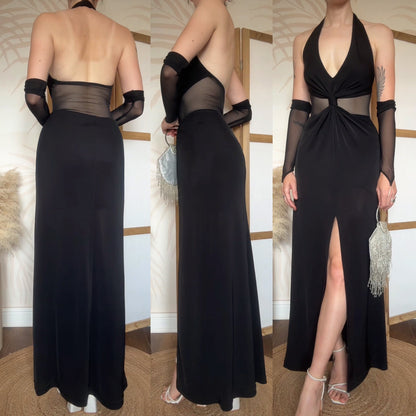 Tadashi black stretch halter-neck evening dress uk 8-10