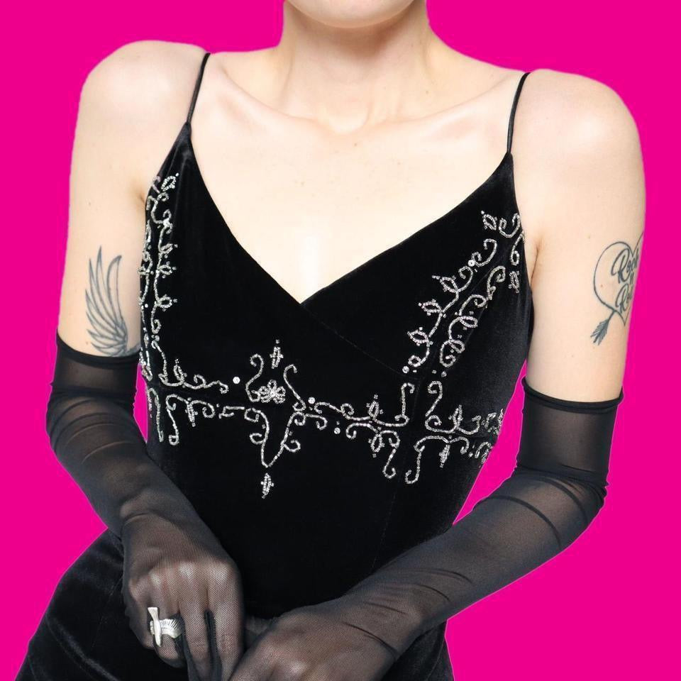 Black velvet beaded stretch evening dress uk 8-10
