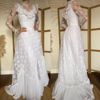 White lace long sleeve 70s wedding dress uk 10