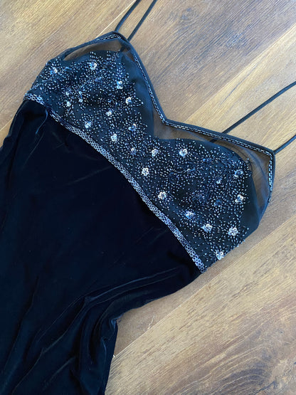Black Dave & Johnny velvet beaded stretch evening dress UK 14