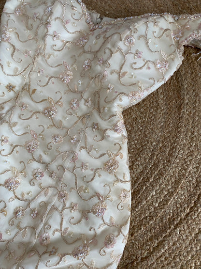 Justin Alexander cream off shoulder embroidered wedding dress uk 8