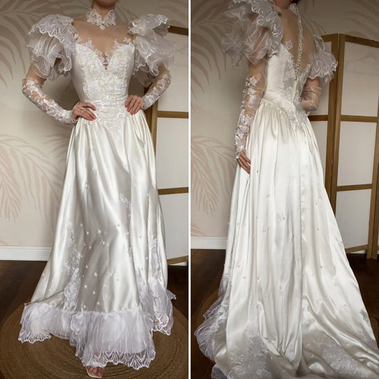 80s lace satin wedding dress with removable sleeves UK 10