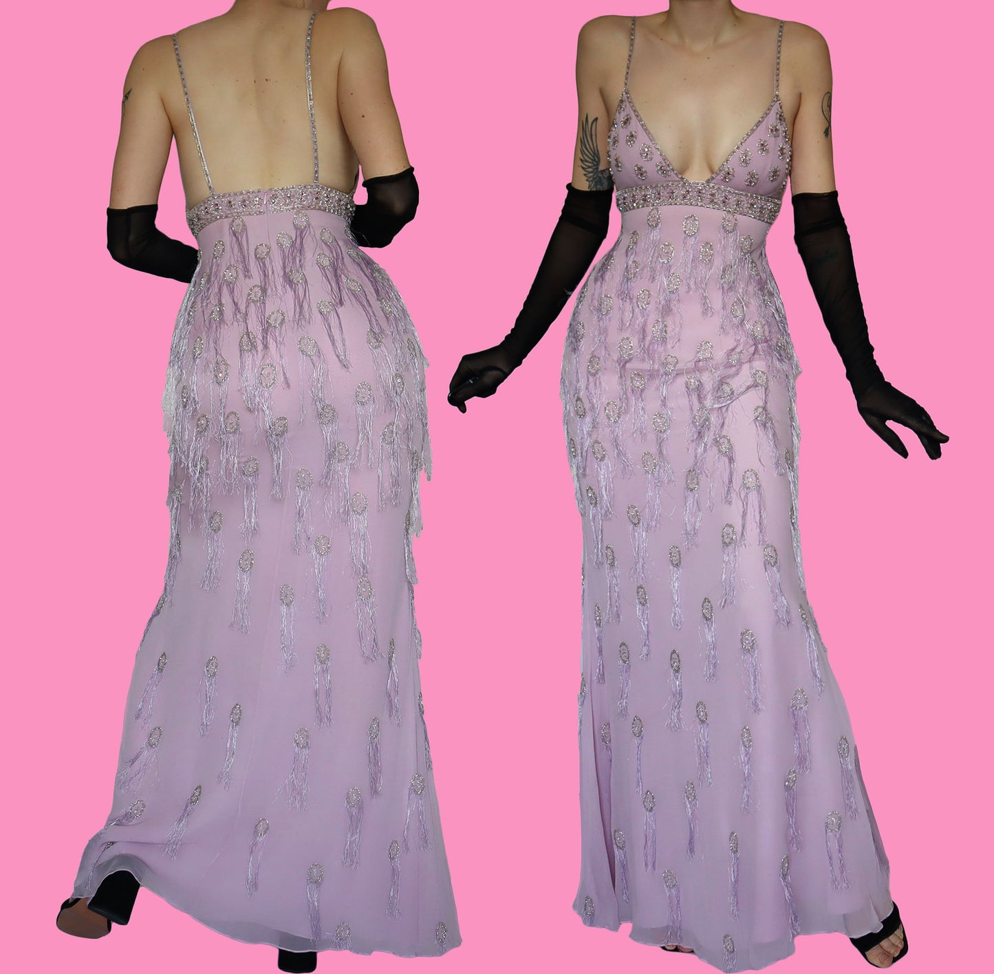 Lilac 100% silk fringe evening gown UK 10