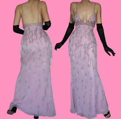 Lilac 100% silk fringe evening gown UK 10
