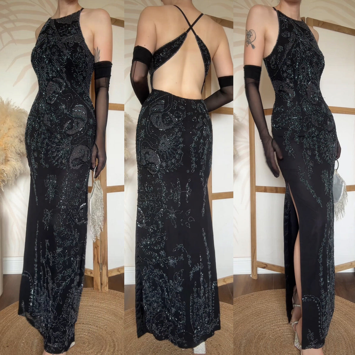 Black beaded open back evening dress uk 10