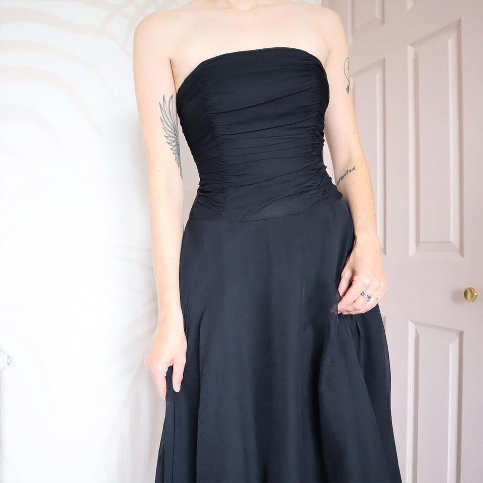 Black 100% silk strapless midi dress UK 12