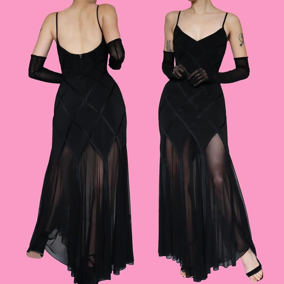 Vintage Joseph Ribkoff black stretch sheer gown UK 14