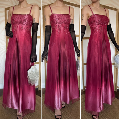 Pink & red ombré beaded 2000s prom dress UK 12