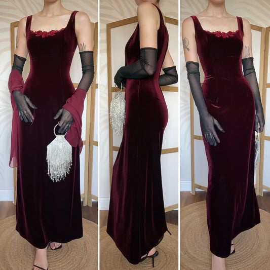 Red velvet stretch evening dress & shawl uk 10