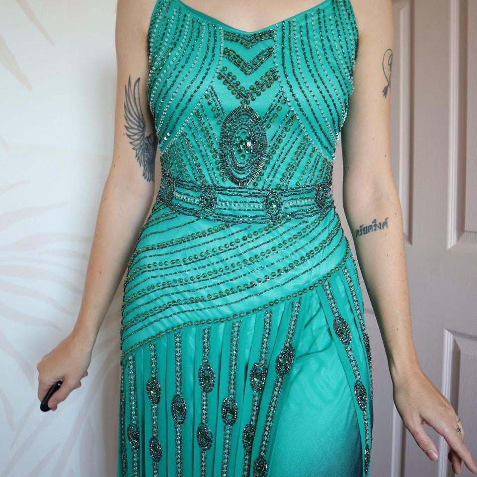 Green Aftershock heavily beaded evening dress UK 12