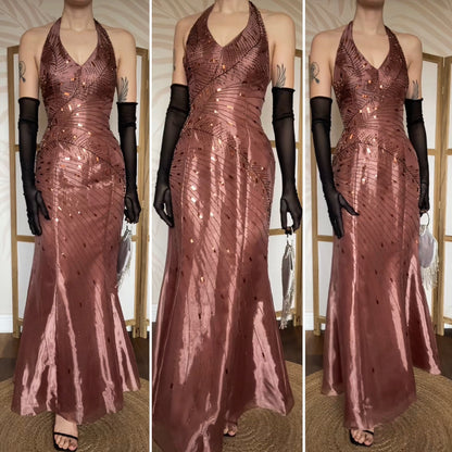 Yve London rose gold beaded halter evening dress UK 12