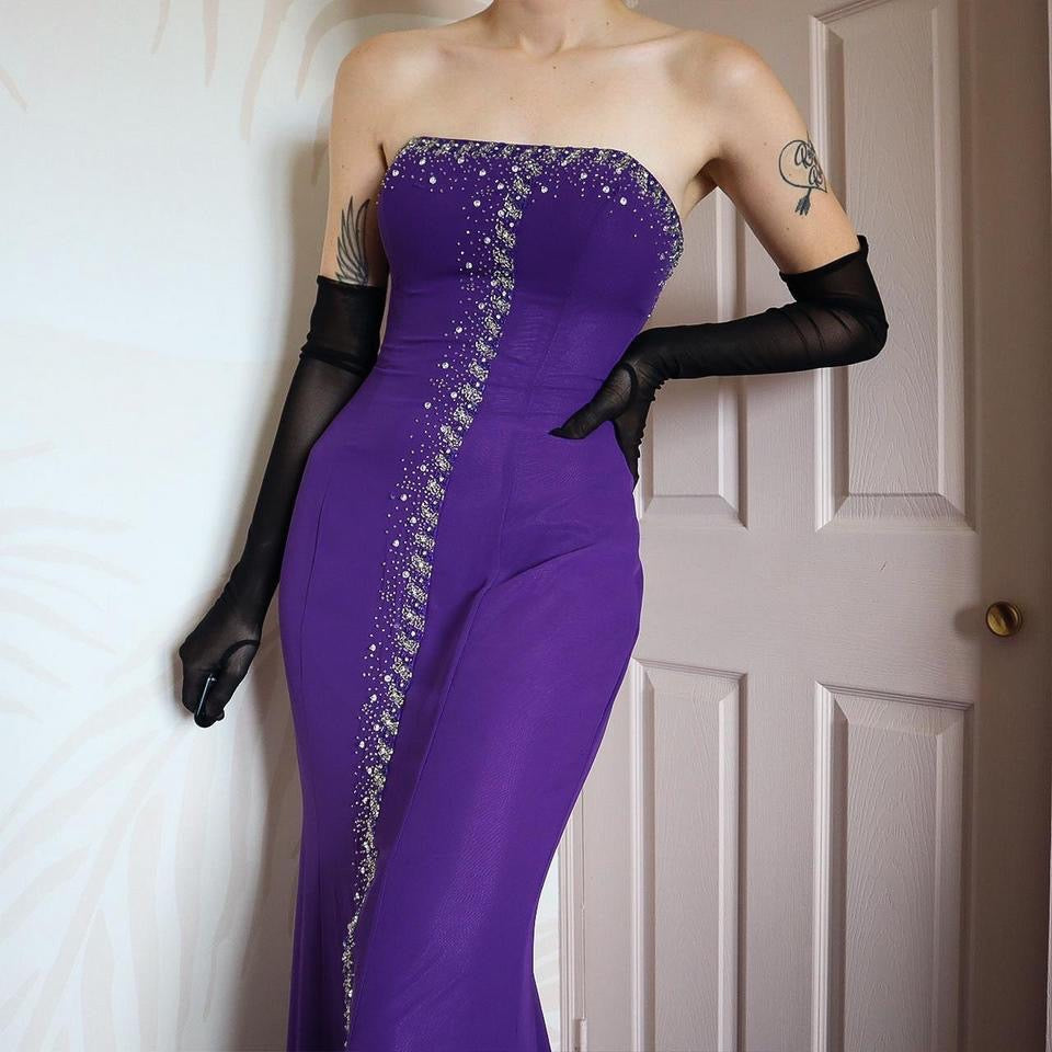 Purple strapless Goya evening gown UK 12