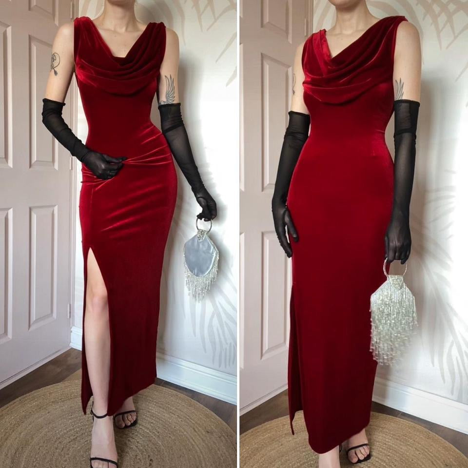 Red velvet stretch evening dress UK 14