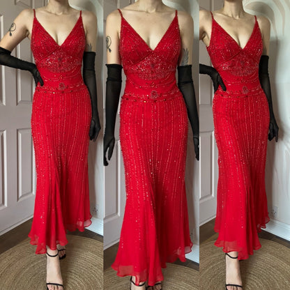Red Gina Bacconi 100% silk beaded evening dress UK 10-12