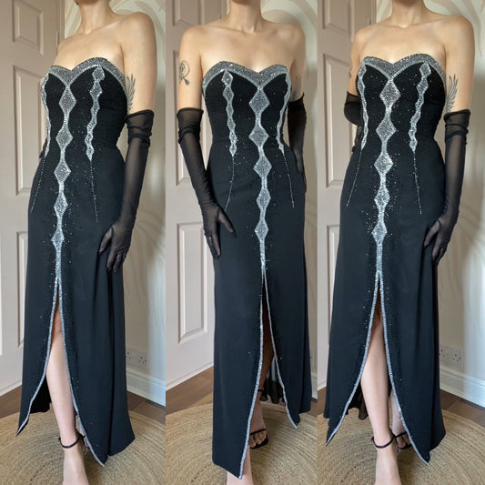 YVE London black beaded strapless gown UK 10-12