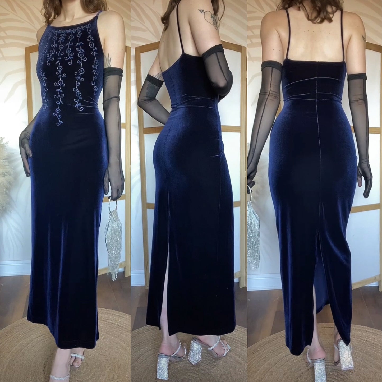 Navy velvet stretch bodycon 90s dress uk 10-12