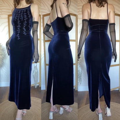 Navy velvet stretch bodycon 90s dress uk 10-12