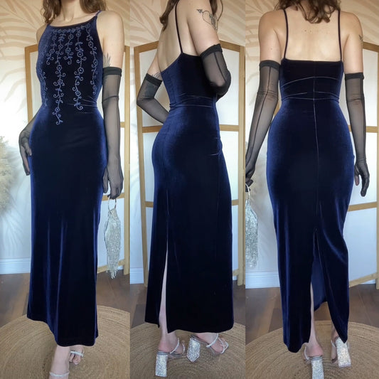 Navy velvet stretch bodycon 90s dress uk 10-12