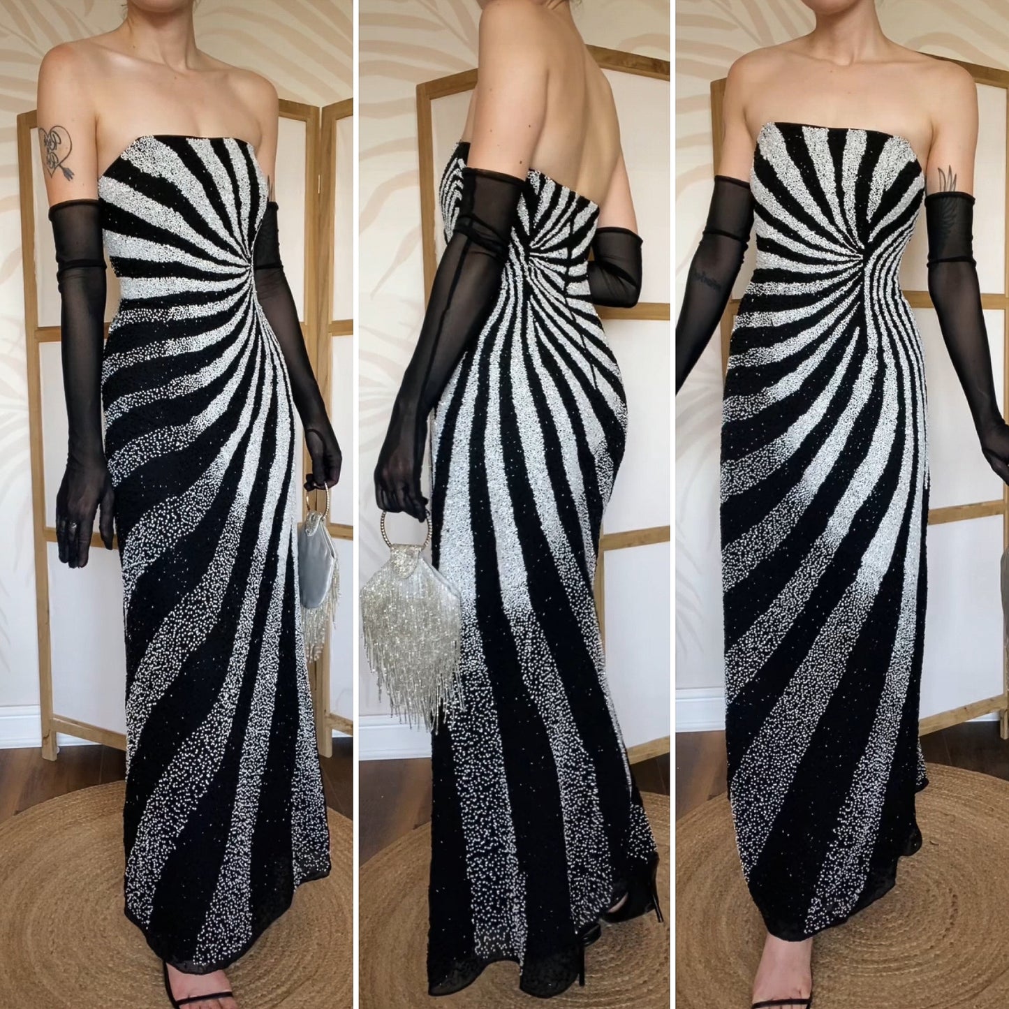 Black & white Kaleidoscope beaded strapless evening dress UK 12 & 14 available