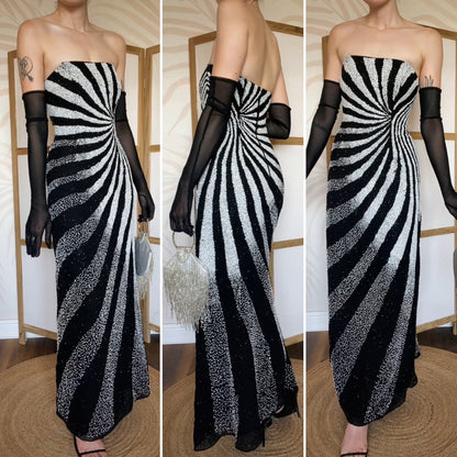 Black & white Kaleidoscope beaded strapless evening dress UK 12 & 14 available