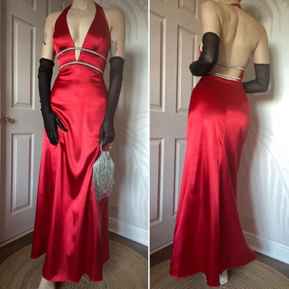 Red halter-neck diamanté evening gown UK 10-12