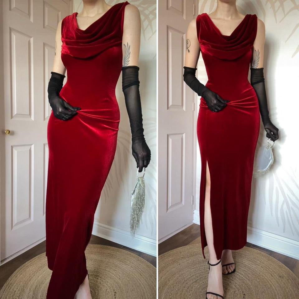 Red velvet stretch evening dress UK 14