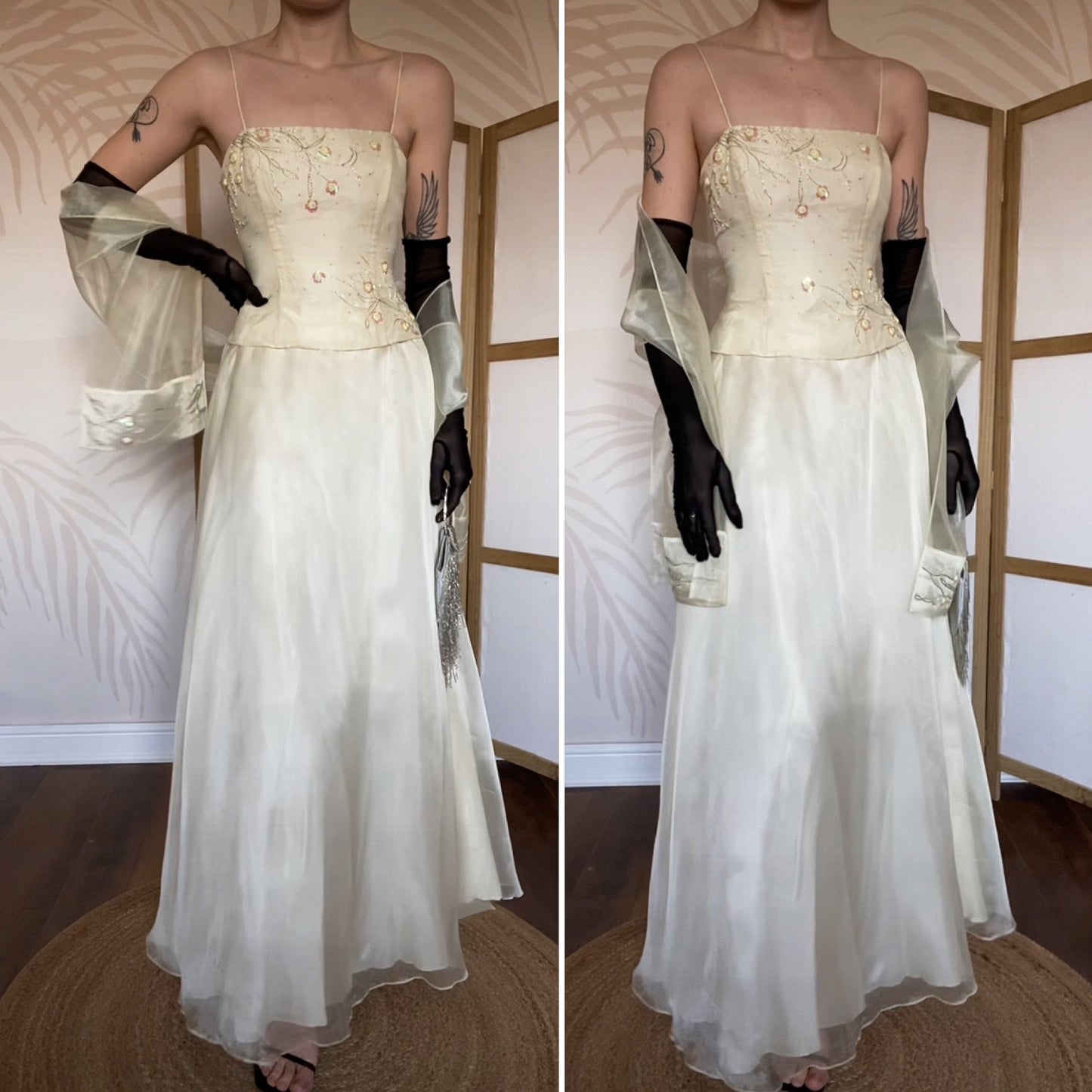 Niki Livas pale yellow organza prom dress & shawl UK 12