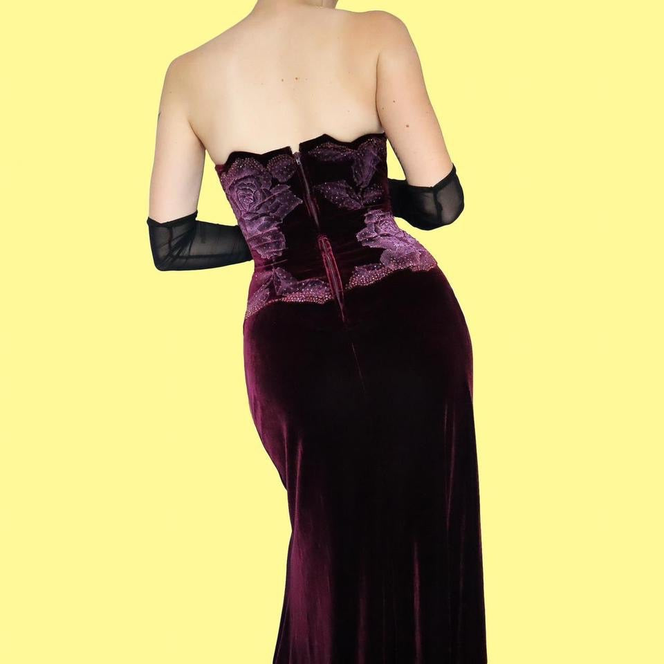 Tadashi burgundy velvet strapless gown UK 12-14