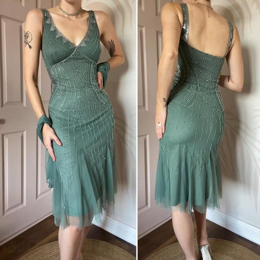 Dusky green beaded petite midi dress UK 14
