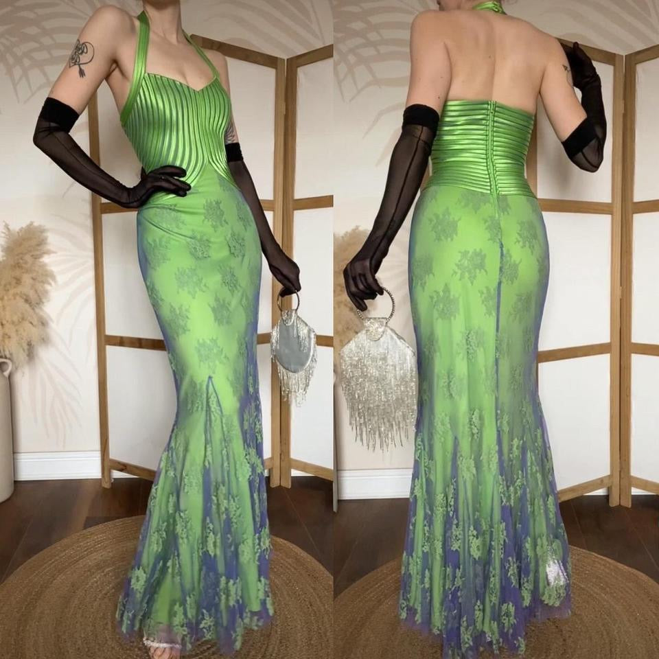 Electric green stretch lace halter-neck evening dress uk 12