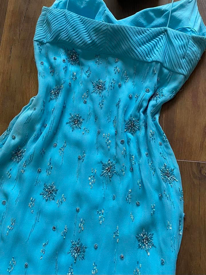 Light blue beaded 100% silk evening dress uk 10