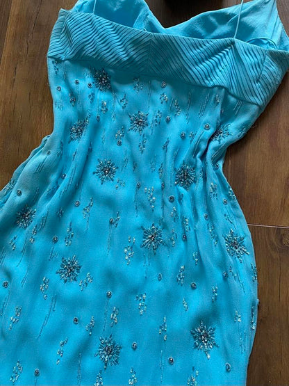Light blue beaded 100% silk evening dress uk 10