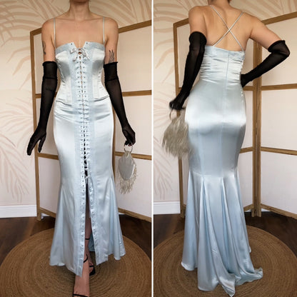 Ice blue beaded lace up evening dress uk 12