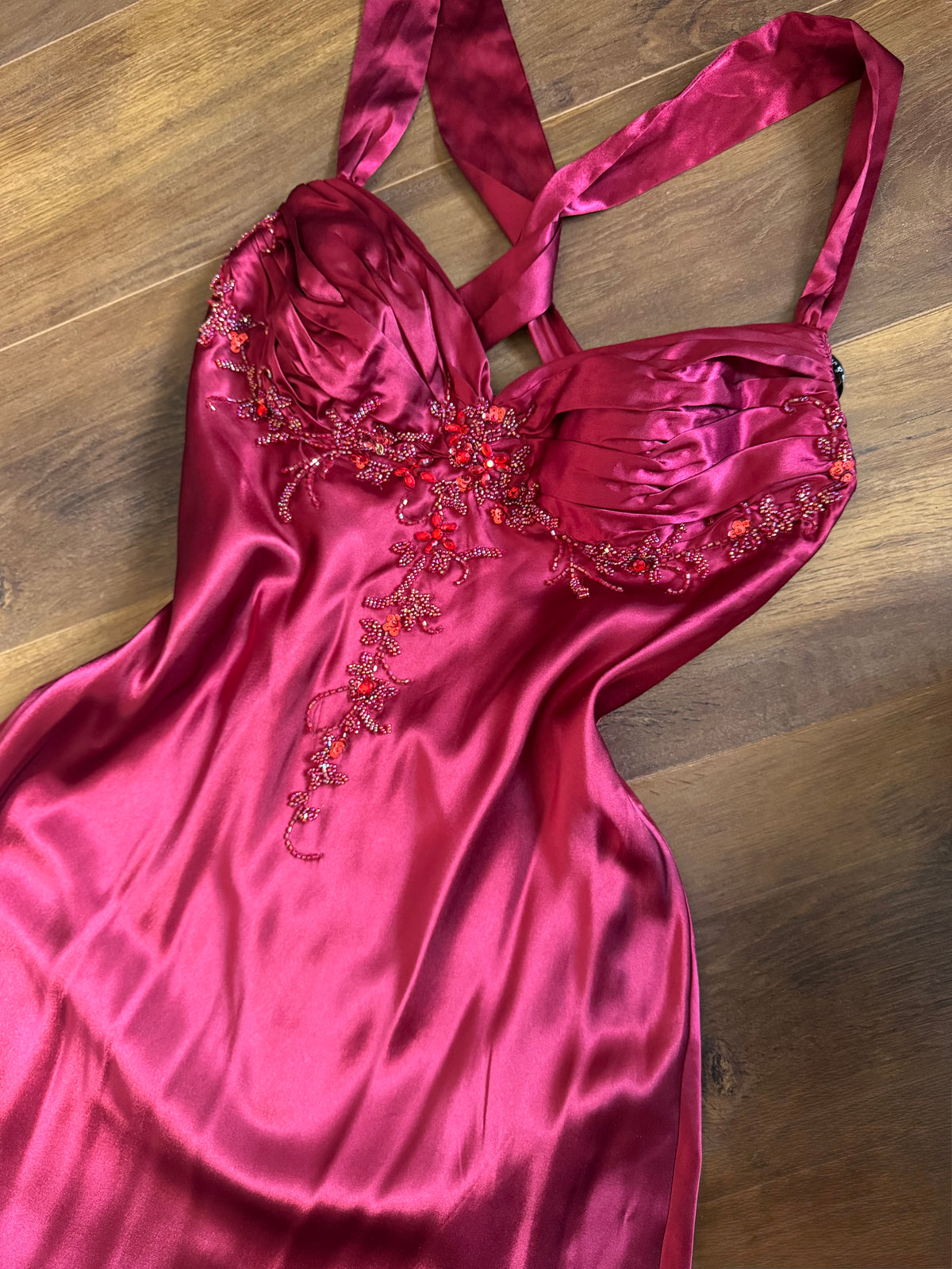 Red satin fishtail prom dress uk 12