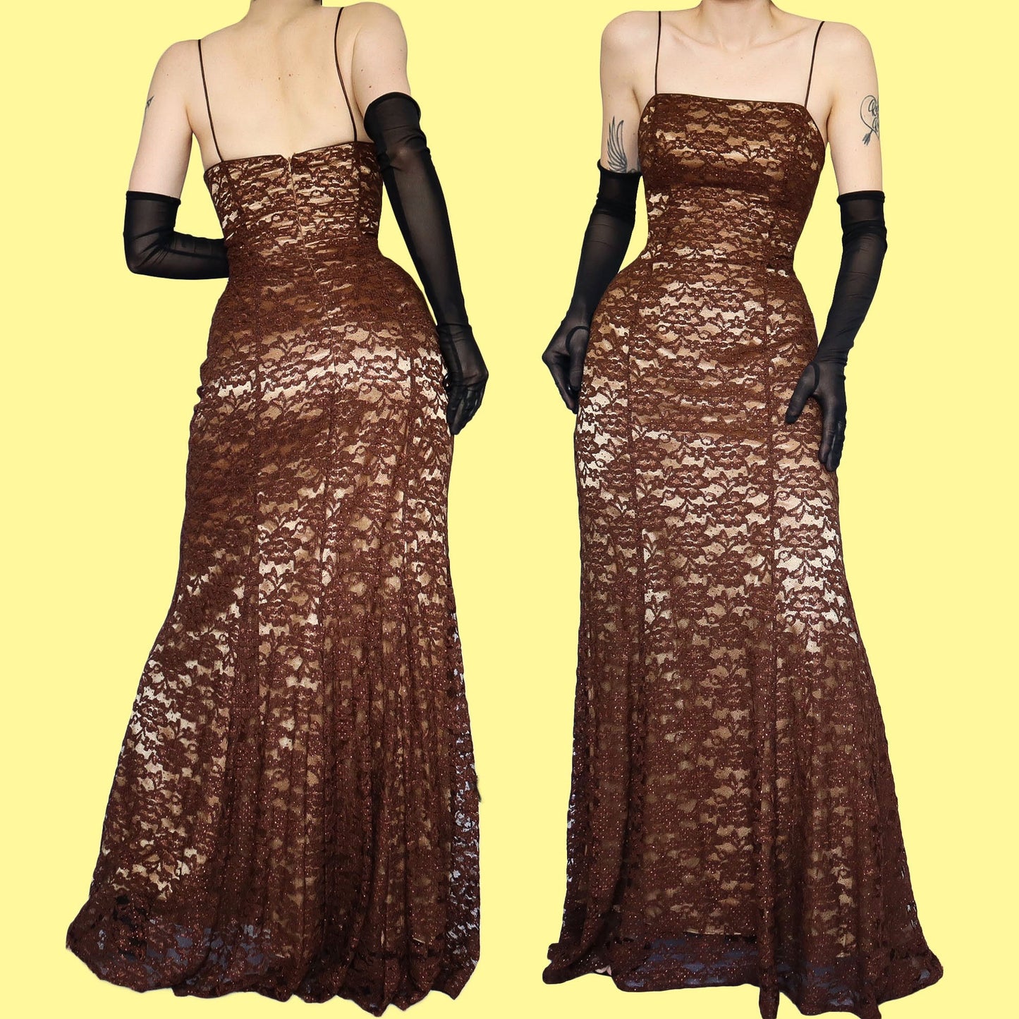 Dave & Johnny brown lace glittery evening gown UK 6