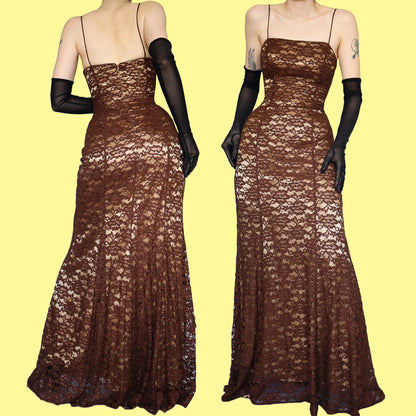Dave & Johnny brown lace glittery evening gown UK 6