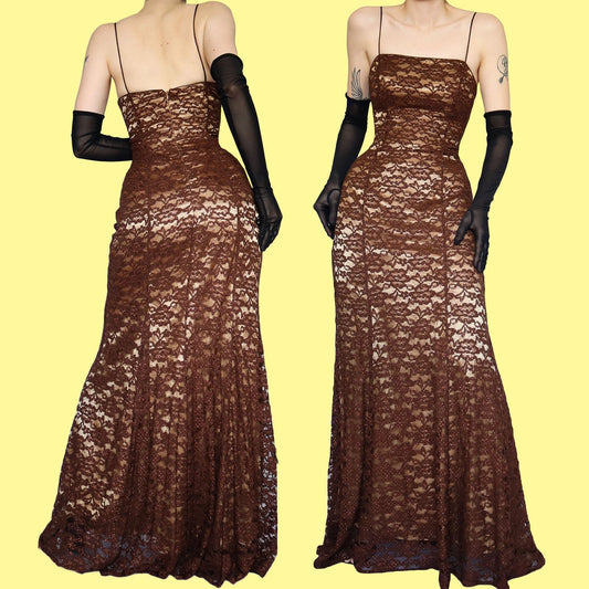 Dave & Johnny brown lace glittery evening gown UK 6