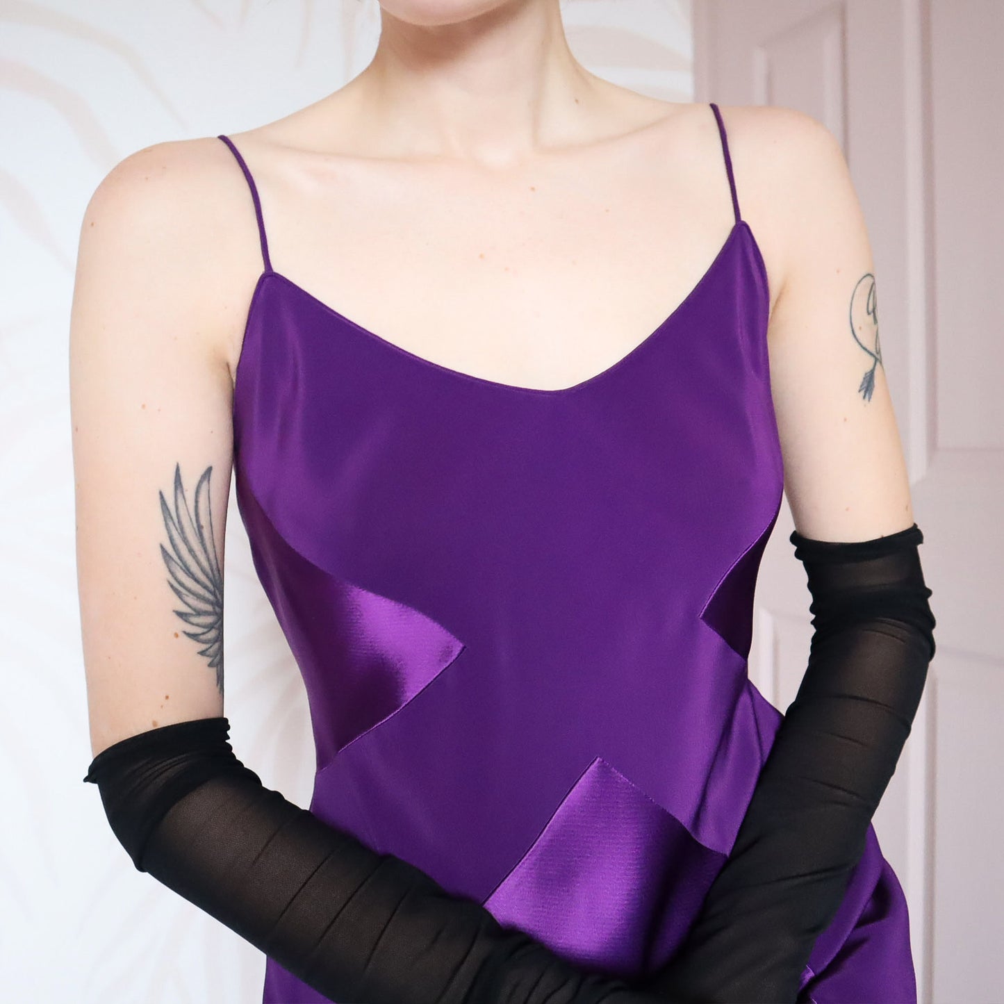 Purple satin panel slip evening gown UK 12