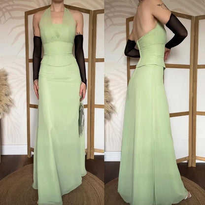 Green halter-neck chiffon evening dress uk 8